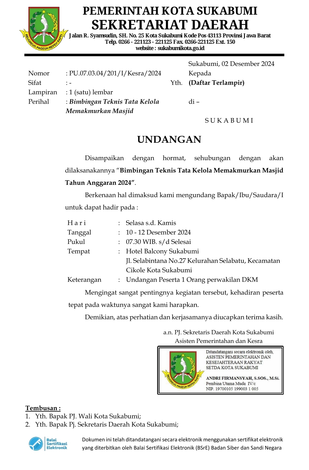 Bimtek Tata Kelola Masjid se-Kota Sukabumi