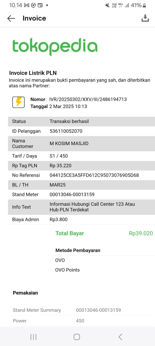 Infaq H. Iis Ismail untuk Pembayaran Listrik Masjid 2/3/2025