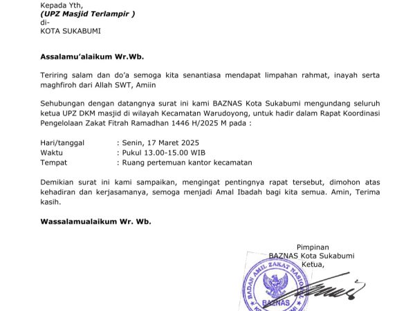 Undangan Rapat Koord. UPZ Se-Wardoy & Baznas 17/3/2025