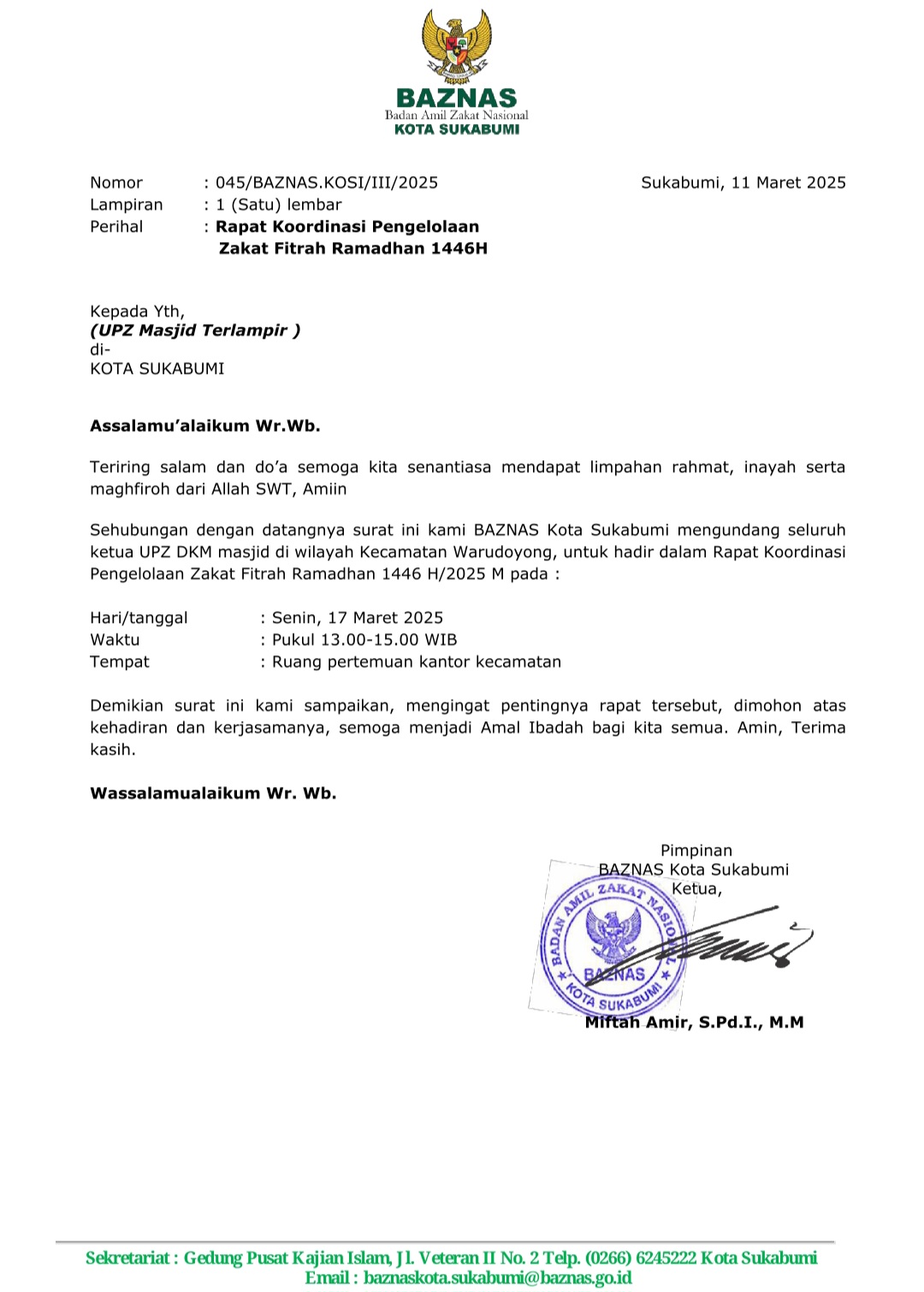 Undangan Rapat Koord. UPZ Se-Wardoy & Baznas 17/3/2025
