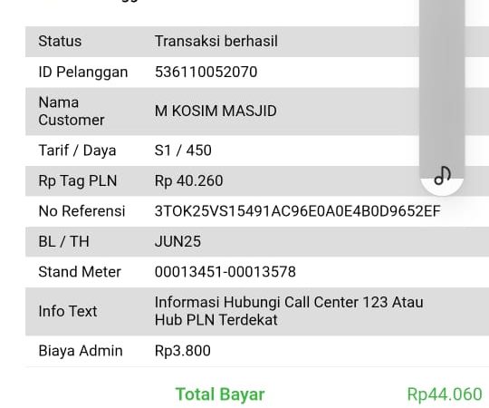 Infaq H. Iis Ismail untuk Pembayaran Listrik Masjid 1/6/2025
