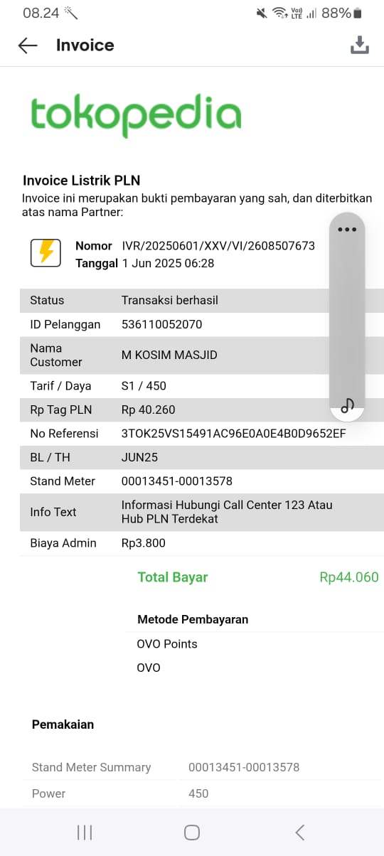 Infaq H. Iis Ismail untuk Pembayaran Listrik Masjid 1/6/2025