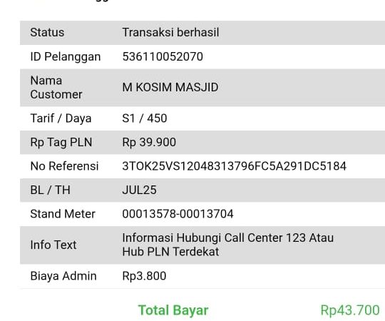 Infaq H. Iis Ismail untuk Pembayaran Listrik Masjid 1/7/2025