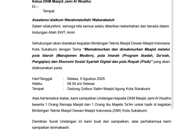 Undangan Bimtek Masjid Digital DMI Kota Sukabumi