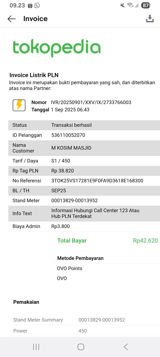 Infaq H. Iis Ismail untuk Pembayaran Listrik Masjid 1/9/2025