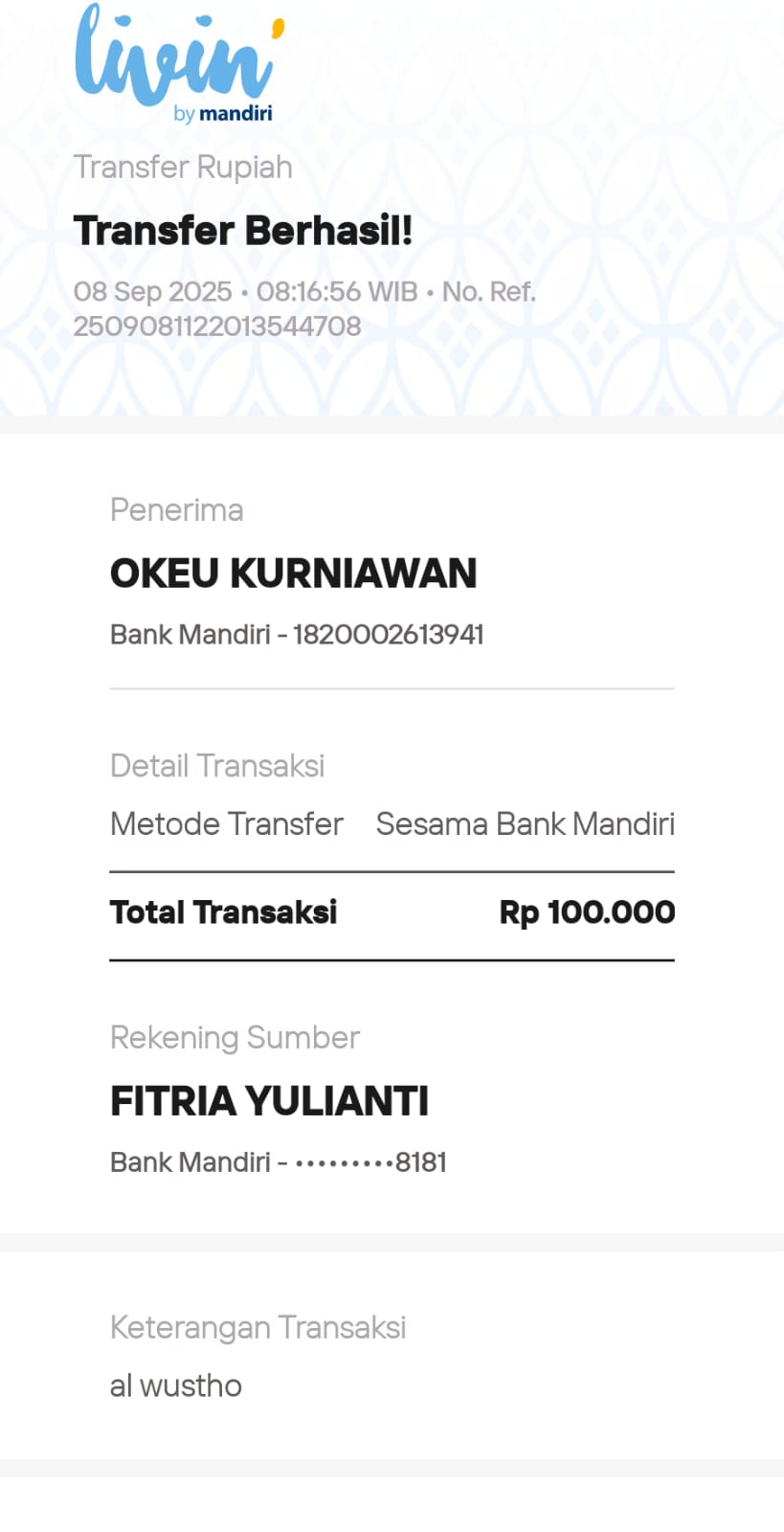 Infaq dari Ibu Fitri Balandong