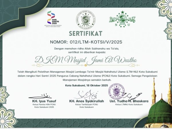 Sertifikat dari PCNU Kota Sukabumi