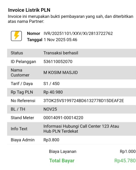 Infaq H. Iis Ismail untuk Pembayaran Listrik Masjid 1/11/2025